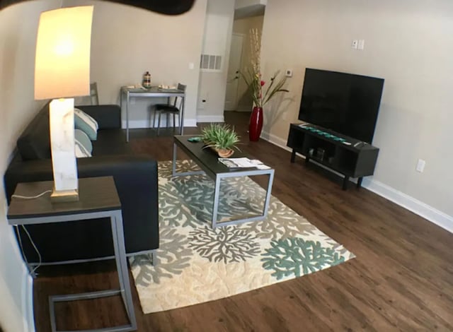 Sofa rug coffee table and television living room at Seahawk Cove in Wilmington Student Accommodation