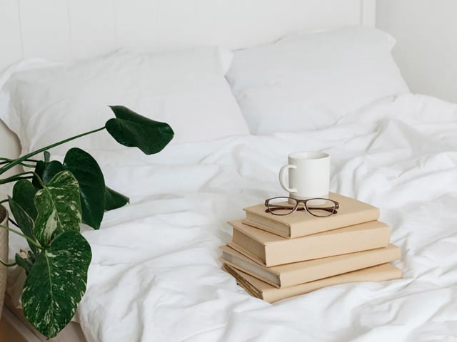 Plant books mug on white sheets bedroom at Derby Row in Louisville Student Accommodation