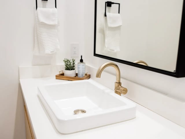 White sink gold faucet towels potted plant bathroom at Derby Row in Louisville Student Accommodation