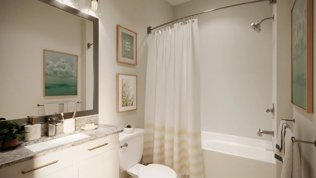 Sink toilet shower bath with white curtains bathroom at Derby Row in Louisville Student Accommodation