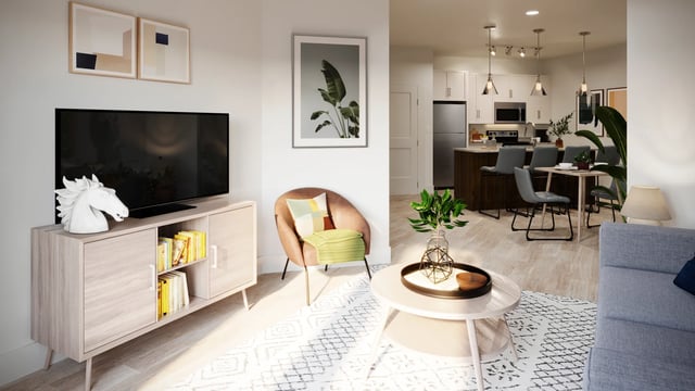 TV console modern chairs kitchen dining living room at Derby Row in Louisville Student Accommodation