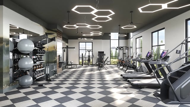 Gym equipment with exercise balls weights treadmills gym at Derby Row in Louisville Student Accommodation