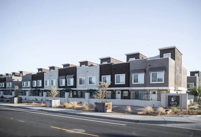 Modern townhouses with street and landscaping exterior at Lofts on 8th in Tempe Student Accommodation