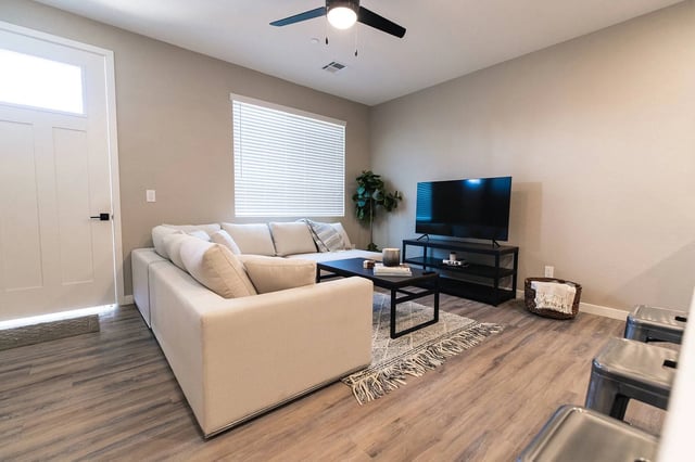 Sofa coffee table television living room living room at Lofts on 8th in Tempe Student Accommodation