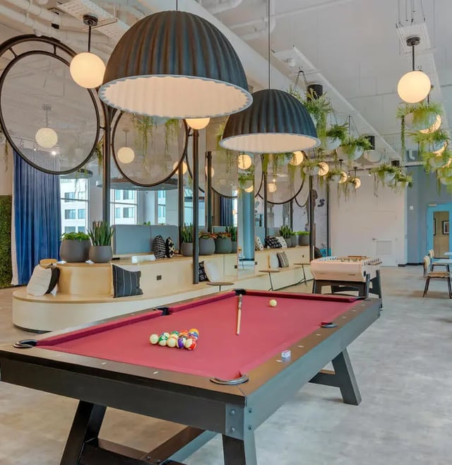 Pool table foosball table modern lounge area at The Connector in Atlanta Student Accommodation