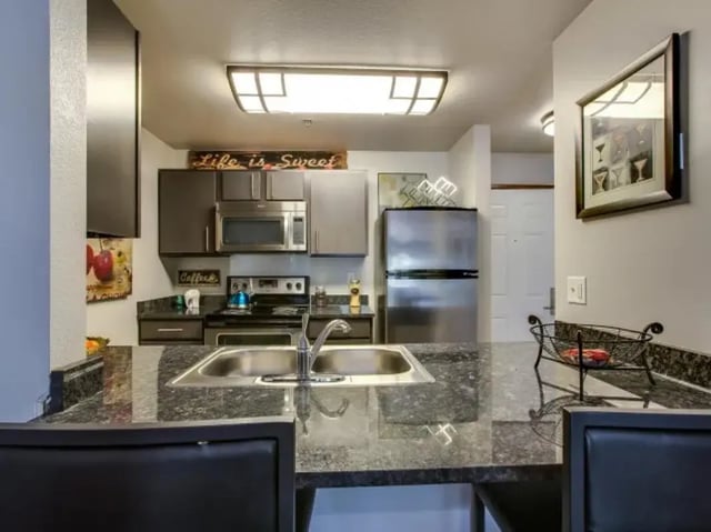 Modern kitchen with stainless steel appliances and granite counters kitchen at The Landings at Chandler Crossings in East Lansing Student Accommodation