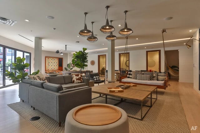 Sofa swing tables and plants living room at The Nine at Columbia in Columbia Student Accommodation