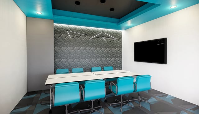 Meeting table with blue chairs modern room at Topaz in San Diego Student Accommodation