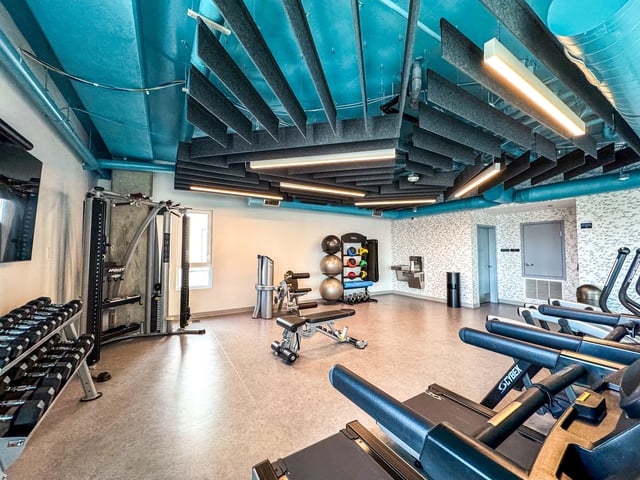 Dumbbells weight machines treadmills and exercise balls fitness center at Topaz in San Diego Student Accommodation