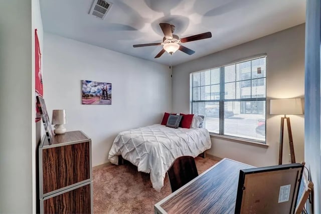 Bed dresser lamp painting desk and fan bedroom at Riverfront Village in Tuscaloosa Student Accommodation