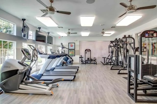 Treadmills elliptical and weight machines gym area at Gateway at Huntsville in Huntsville Student Accommodation