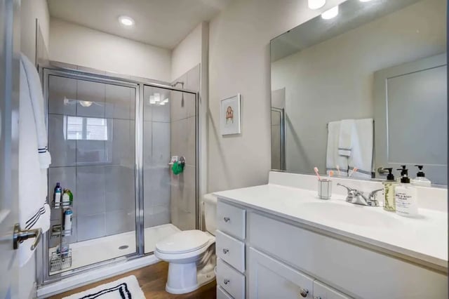 Shower toilet vanity and mirror bathroom at 1820 at Centennial in Raleigh Student Accommodation