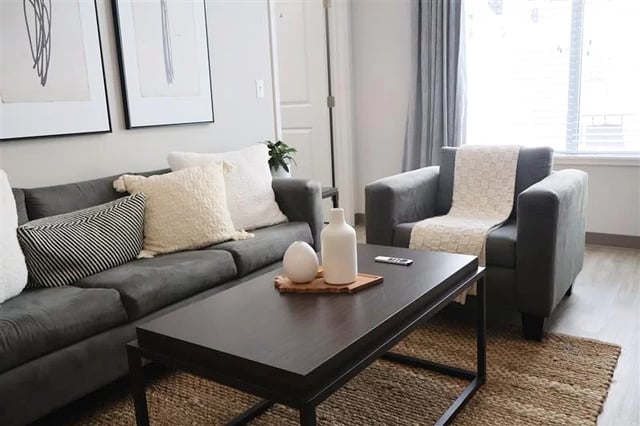 Gray sofa armchair coffee table with decor Living room at 200 Edgewood in Atlanta Student Accommodation