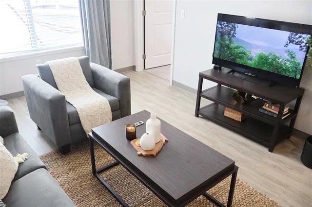 Sofa armchair coffee table TV stand living room at 200 Edgewood in Atlanta Student Accommodation