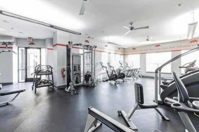 Gym equipment including treadmills ellipticals and weights gym. at Hill Place in Fayetteville Student Accommodation