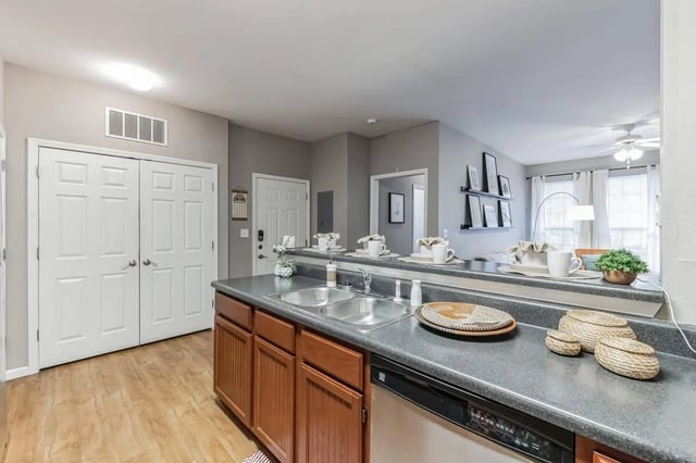 Modern kitchen with double doors counter kitchen at Hill Place in Fayetteville Student Accommodation