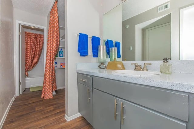 Sink vanity shower curtain towels shelves bathroom at Villas Del Solamar in Dallas Student Accommodation