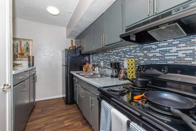 Gray cabinets refrigerator sink stove mosaic tile kitchen at Villas Del Solamar in Dallas Student Accommodation