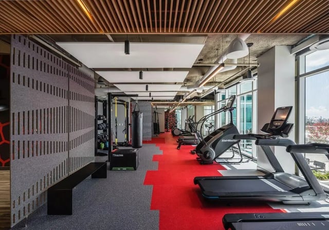 Gym with treadmills punching bag and weights at The Henry in Tampa Student Accommodation