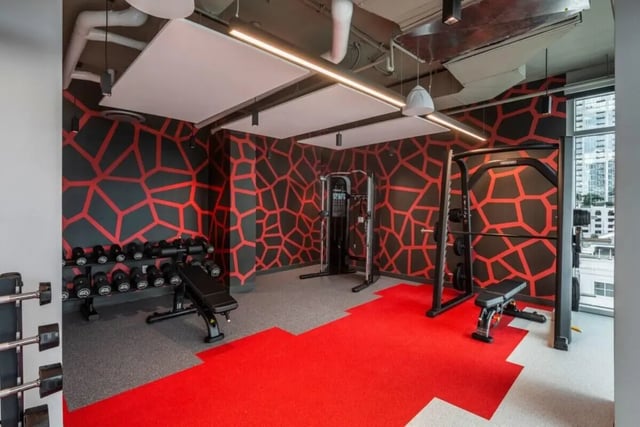 Gym equipment weights benches and exercise machines Fitness center at The Henry in Tampa Student Accommodation