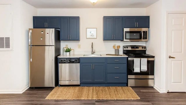 Stainless steel fridge dishwasher stove microwave kitchen at Grove at Slippery Rock in Slippery Rock Student Accommodation