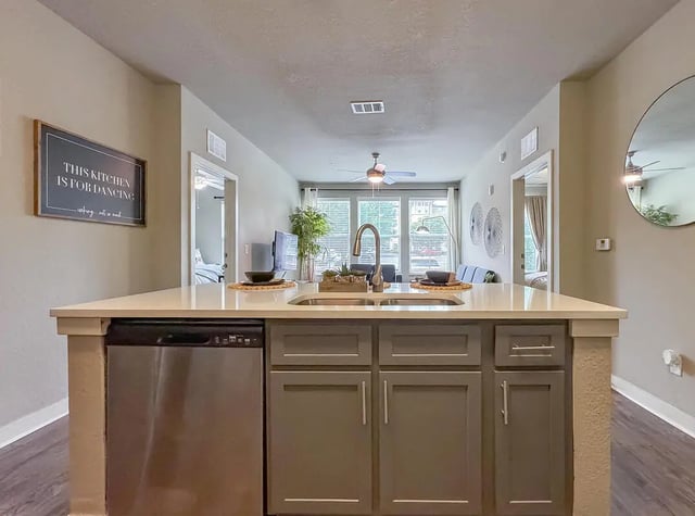 Island sink dishwasher cabinets living room and kitchen at NXNW in Tallahassee Student Accommodation