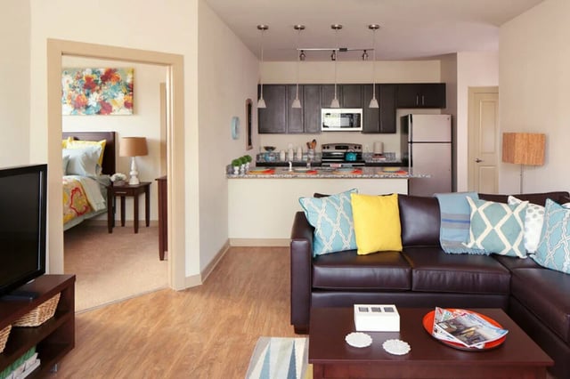 Bedroom kitchen living room exterior at The Lofts at City Center in Tuscaloosa Student Accommodation