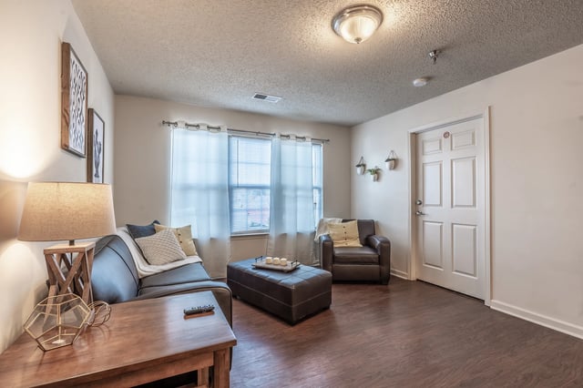 Sofa ottoman chair and artwork living room at Revelry Flats at Milledgeville in Milledgeville Student Accommodation