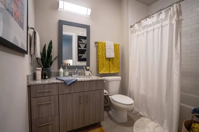 Sink toilet shower curtain white tiles bathroom at Summit Place in Charleston Student Accommodation