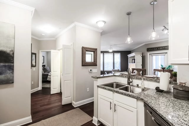 Kitchen with dual sink granite counters and island living room kitchen at Sweetwater in Charleston Student Accommodation