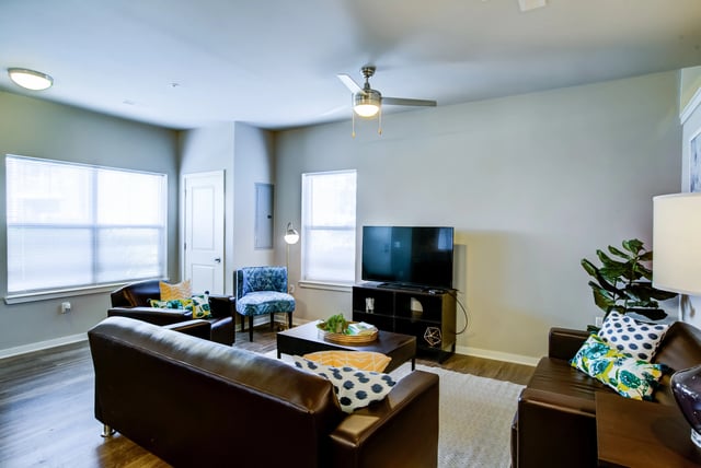 Leather sofas patterned chairs coffee table TV living room at Edge 1120 in Toledo Student Accommodation