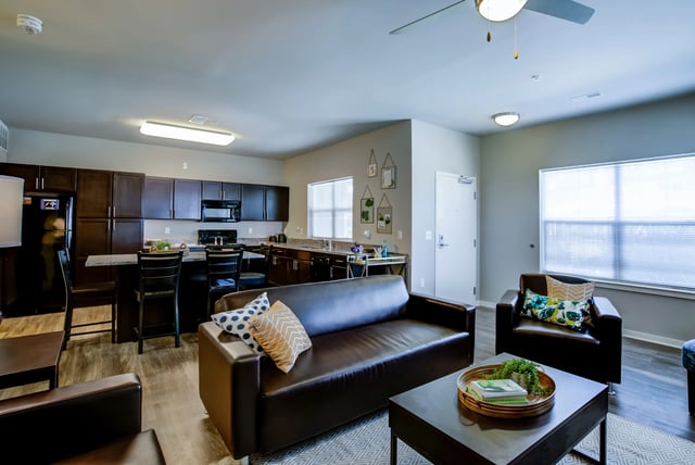 Sofa chairs coffee table kitchen living room at Edge 1120 in Toledo Student Accommodation