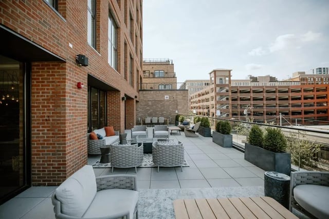 Wicker furniture fire pit outdoor lounge area exterior at Industry Cincinnati in Cincinnati Student Accommodation