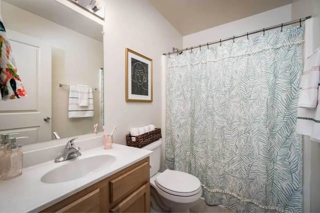 Sink toilet and shower curtain bathroom at Copper Beech Townhomes - Harrisonburg in Harrisonburg Student Accommodation