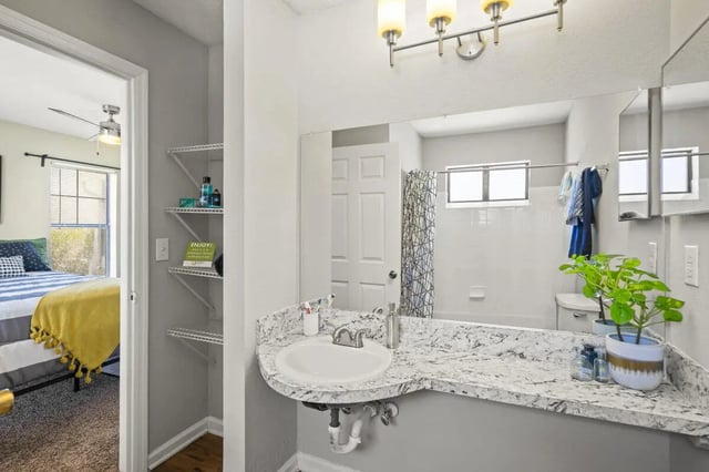 Vanity sink mirror shelves and bedroom visible bathroom at The Wilde Raleigh in Raleigh Student Accommodation