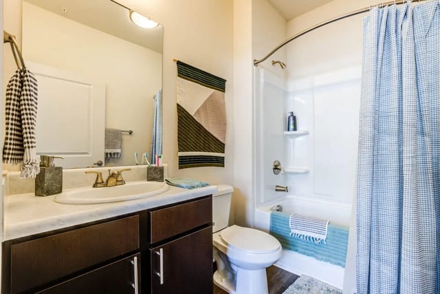 Sink shower toilet and patterned shower curtain bathroom at Rush Charlotte in Charlotte Student Accommodation
