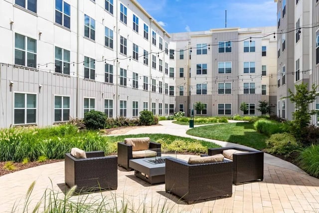 Courtyard with seating fire pit and greenery exterior at Rush Charlotte in Charlotte Student Accommodation