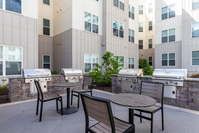 Four grills and tables with chairs outdoor area at Rush Charlotte in Charlotte Student Accommodation