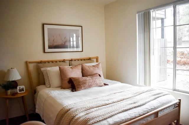 Bed side table with lamp framed art bedroom at Table Rock in Flagstaff Student Accommodation