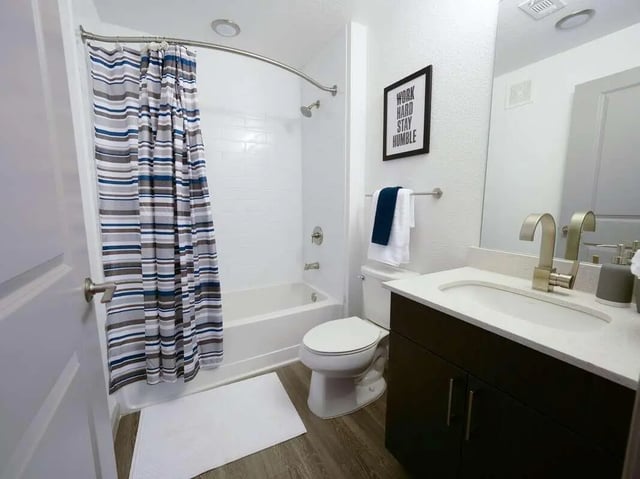 Striped shower curtain toilet sink vanity bathroom at Liv+ Arlington in Arlington Student Accommodation