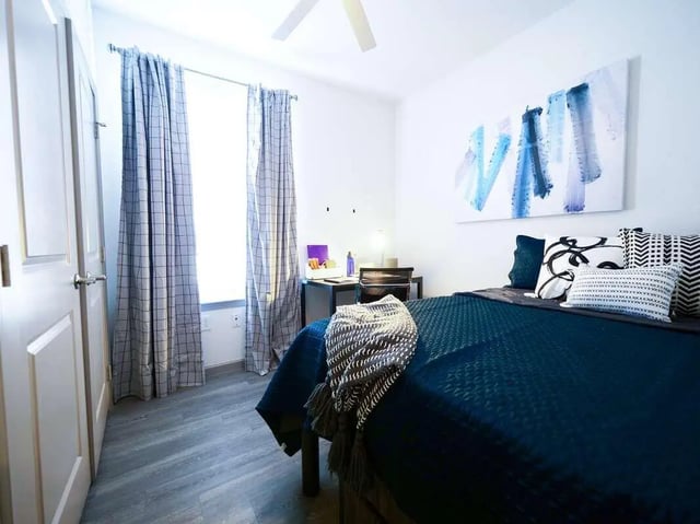 Bed desk and art bedroom at Liv+ Arlington in Arlington Student Accommodation