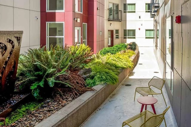Plants chairs and table exterior at Patterson Social in Eugene Student Accommodation