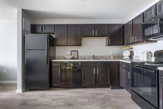 Black refrigerator dishwasher stove dark cabinets kitchen at Bridge at Cameron in Austin Student Accommodation