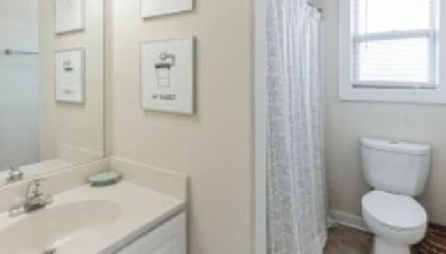Sink toilet shower curtain with window bathroom at The Cottages at Lake Tamaha in Tuscaloosa Student Accommodation