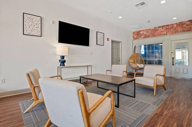 Seating tv hanging chair and coffee table living room at Central House on Stadium in Mobile Student Accommodation