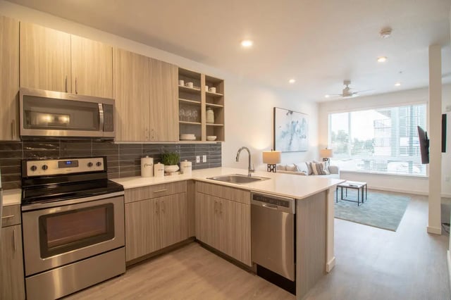 Modern kitchen with stove dishwasher and living room exterior at 1515 Flats in Denver Student Accommodation