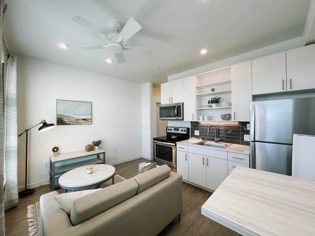Sofa kitchen cabinets stainless steel appliances living room at 1515 Flats in Denver Student Accommodation