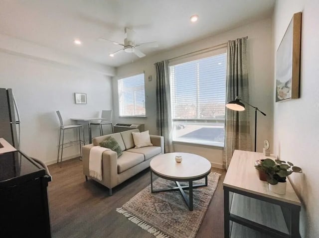 Sofa coffee table rug desk lamp painting living room at 1515 Flats in Denver Student Accommodation