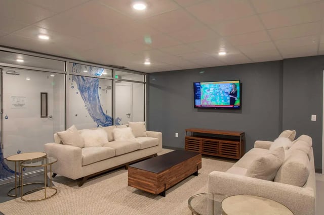 Sofas coffee table television water wall living room at 1515 Flats in Denver Student Accommodation