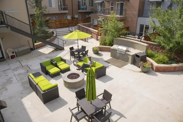 Outdoor patio with grills seating and fire pit courtyard at Uptown Broadway in Boulder Student Accommodation